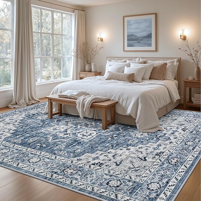 Area Rugs 10x12 Living Room Rug: Washable Rug Soft Vintage Boho Medallion Carpet Indoor Floor Non-Slip Stain Resistant Large Carpets for Bedroom Dining Room Farmhouse Nursery Home Office Blue