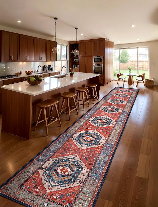 SERISSA Runner Rug for Hallways, 2'6"x18' Washable Non Slip Kitchen Runner Rug, Extra Long Boho Rug Ultra Soft Vintage Rust Print Floor Carpet for Hallway Living Room Dining Room Bedroom