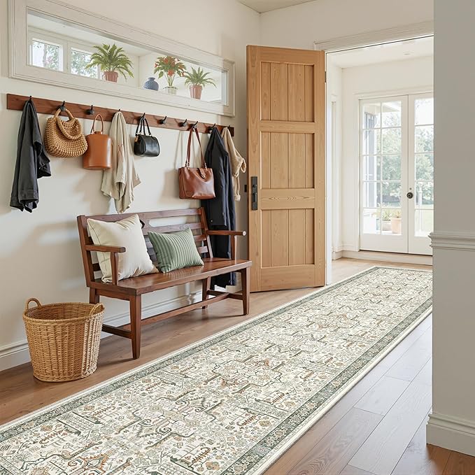 Hallway Washable Runner Rug 2x10 - Non Slip Vintage Kitchen Runner Rugs for Entryway Low-Pile Waterproof Long Runners for Living Room Bedroom Medallion Indoor Floor Mat for Bathroom Laundry Green