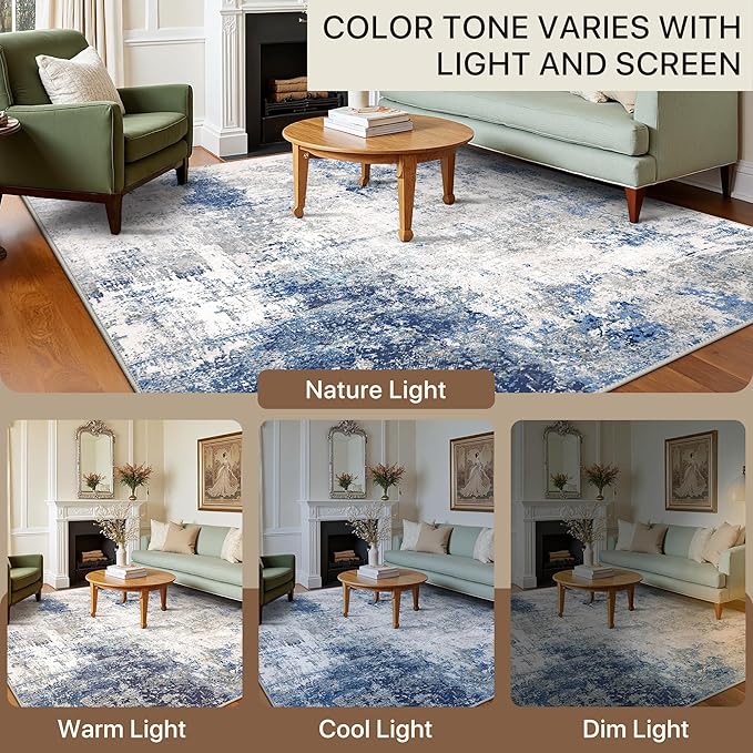 BEIMO Area Rugs 8x10 for Living Room Bedroom, Modern Abstract Machine Washable Rug, Large Soft Low Pile Floor Carpet with Non Slip Backing for Dining Room, Blue