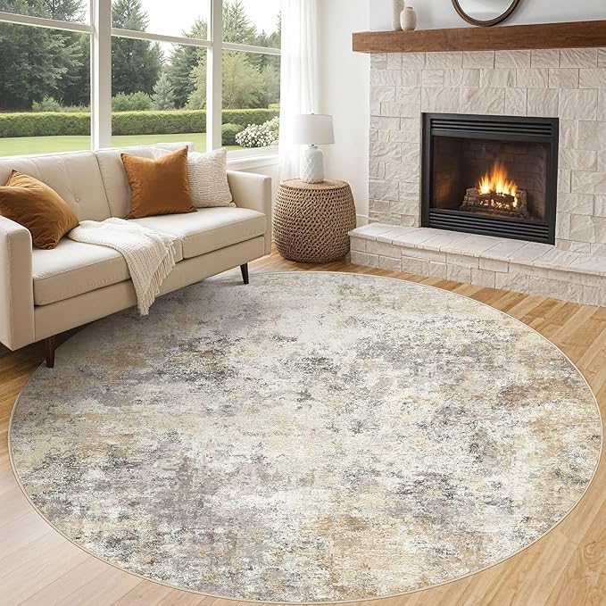 UERMEI 8ft Round Area Rug Living Room Rugs - 8x8 Washable Neutral Modern Abstract Soft Thin Rug Indoor Floor No Slip Rug Carpet for Bedroom Under Dining Table Home Office Decor - Golden Grey