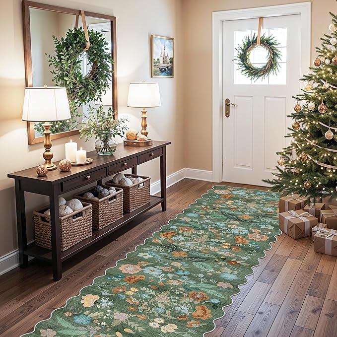 Washable 2'6x12 Hallway Runner Rug: Soft Entryway Kitchen Floral Runners Non Slip Water Resistant Nursery Bathroom Floor Mat Light Weight Carpet for Living Room Bedroom (2'6x12 Floral/Green)