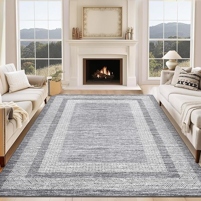 GarveeHome 6x9 Large Washable Area Rug Modern Bordered Rug Distressed Geometric Floor Carpet, Soft Non Slip Low Pile Non Shedding Rug, Indoor Gray for Bedroom, Living Room