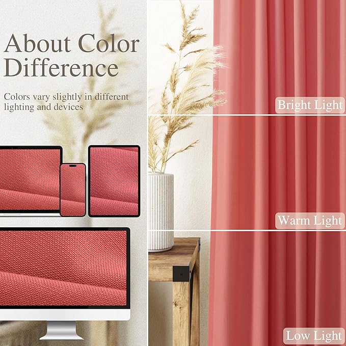 Nanspring Watermelon Red Curtains 108 Inches Long 2 Panels, Semi Sheer Back Tab Loop Pocket Large Window Curtain Extra Long Light Filtering Drapes High Ceiling Drape for Living Room 52x108