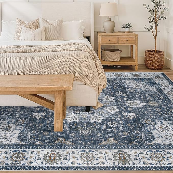 Area Rug 6x9 Washable Rug, Vintage Boho Medallion Rugs Non-Slip Soft Low Pile Large Distressed Rug Indoor Retro Carpet for Living Room Bedroom Dining Room Home Office (Vintage Blue, 6'x9')