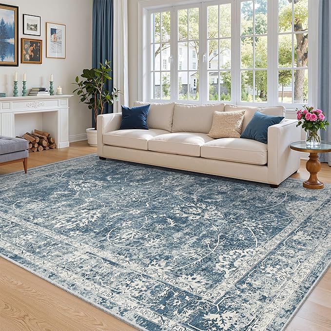 Madane Washable 6x9 Area Rugs for Living Room, Vintage Rug with Non-Slip Backing, Soft Stain Resistant Throw Rugs Thin Carpet for Bedroom Dining Room Farmhouse (6 x 9, Cadet Blue)