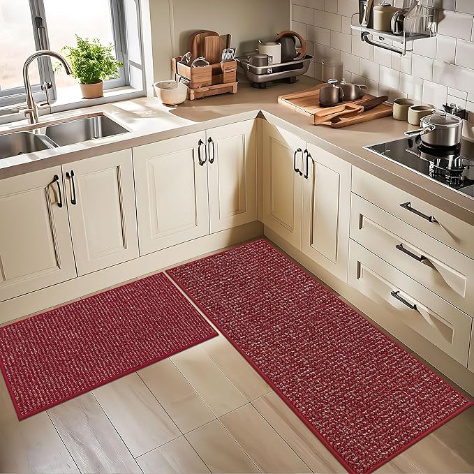 BEQHAUSE Kitchen Rugs 32"x48", Non-Slip Kitchen Mats for Floor, Super Absorbent and Stain Resistant Kitchen Rugs, Machine Washable Rugs for Kitchen, Hallway, Laundry & Sink, Red
