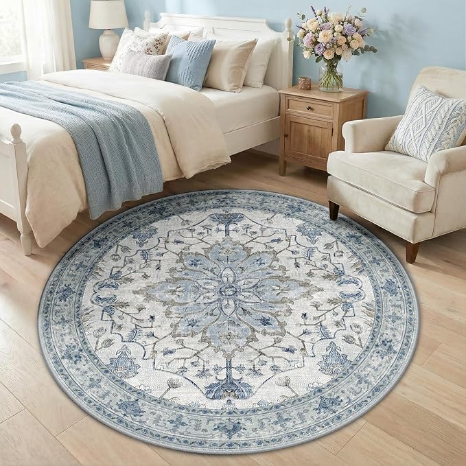 RELEANY Area Rugs 5ft Washable Non-Slip, Floral Vintage Distress Print Pattern Medallion Carpet for Living Room Bedroom Dining Room, Light Blue Navy Beige Gray White