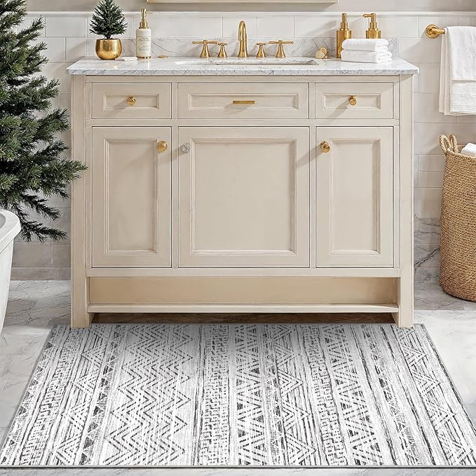 3x4 Washable Entryway Area Rug: Moroccan Small Runner Rug for Hallway Soft Modern Non Slip Door Mat with Rubber Backing Low Pile Thin Floor Carpet for Kitchen Bathroom Bedroom Indoor 3x4 Grey