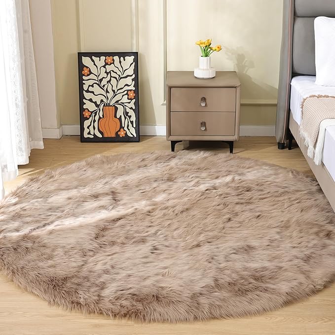 ORINOVA Beige Round Rugs 6ft Fuzzy Faux Sheepskin Washable Fluffy Fur Area Rugs for Bedroom Large Circle Nursery Living Room Shag Rug