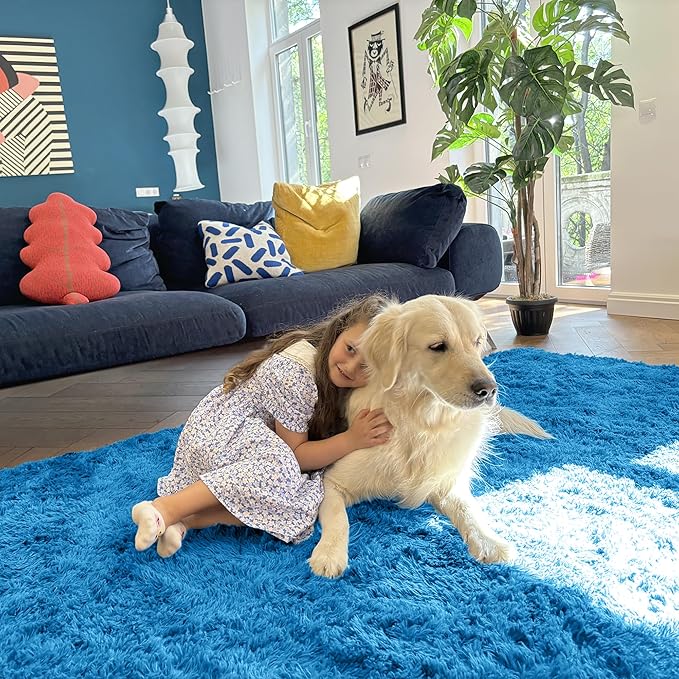 OLANLY 5x8 Machine Washable Large Area Rugs for Living Room, Bedroom, Soft Fluffy Shaggy Bedside Rug, Indoor Floor Carpet for Kids Girls and Boys, Dorms, Nursery, Home Decor Aesthetic, Bright Blue
