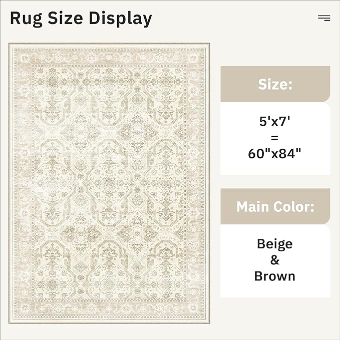 Area Rugs 5x7, Washable Rug, Stain Resistant 5x7 Area Rugs for Living Room Bedroom Dining Room, Vintage Gray Farmhouse Rug Beige