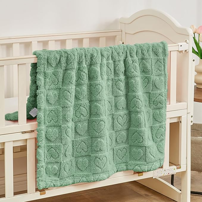 Yurhap Fleece Baby Blanket Heart Checkered, Ultra Soft Cozy Baby Blankets for Boys Girls, Fluffy Infant Toddler Newborn Receiving Gifts for Crib Stroller 30"x40" (Sage Green)