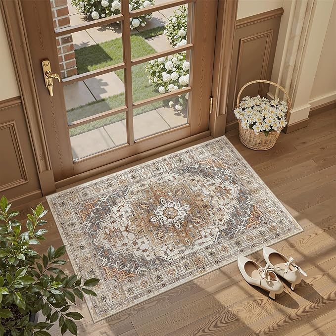 Madane Washable Area Rug 2x3, Small Entryway Rug Non-Slip Vintage Door Mat Indoor Entrance, Low Pile Floor Carpet for Inside Front Door Bedroom Kitchen Entry Laundry (2'x3', Turmeric/Grey)
