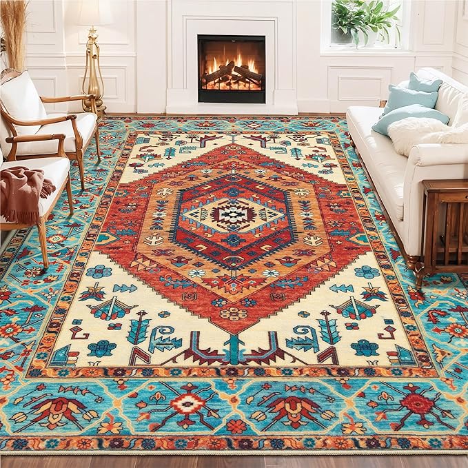 SERISSA Boho Area Rug 8x10 Orange, Washable Large Rugs for Living Room, Ultra Soft Non-Slip Bedroom Rug Print Distressed Vintage Tribal Farmhouse Carpet Rug for Dining Room Dorm Office Home Decor
