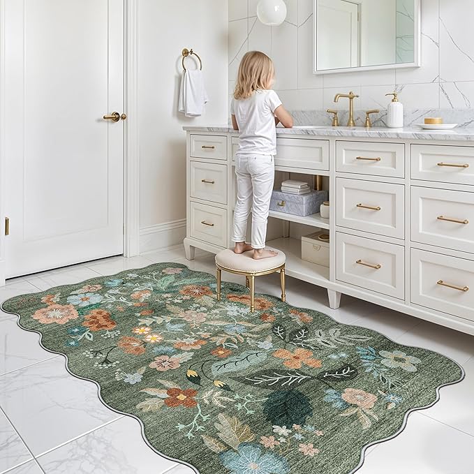 Washable 3x5 Entryway Area Rugs: Ultra Soft Low Pile Carpet for Kitchen Nursery Indoor Light-Weight Doormat Rug with Non-Slip Backing for Living Room Bedroom Small Boho Floor Mat(3x5, Floral/Green)