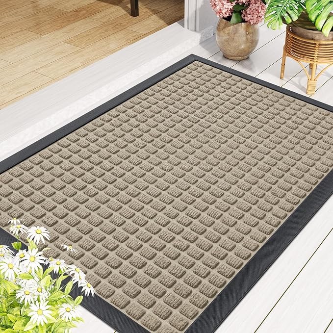 Smiry Front Door Mat Outside Entrance, Heavy Duty Natural Rubber Doormat, Non Slip, Trap Dirt and Moisture, Easy Clean, Low Profile Welcome Floor Mats for Indoor Outdoor Entry, 71x23 Inch, Beige