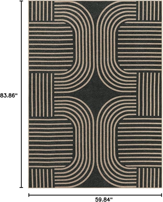 Lahome Enfys Modern Geometric Outdoor Easy Jute Rug, 5x7 Patio Living Room Rug Large Black Carpet for Bedroom, Farmhouse Washable Indoor Outdoor Carpet for Dining Room Backyard Deck