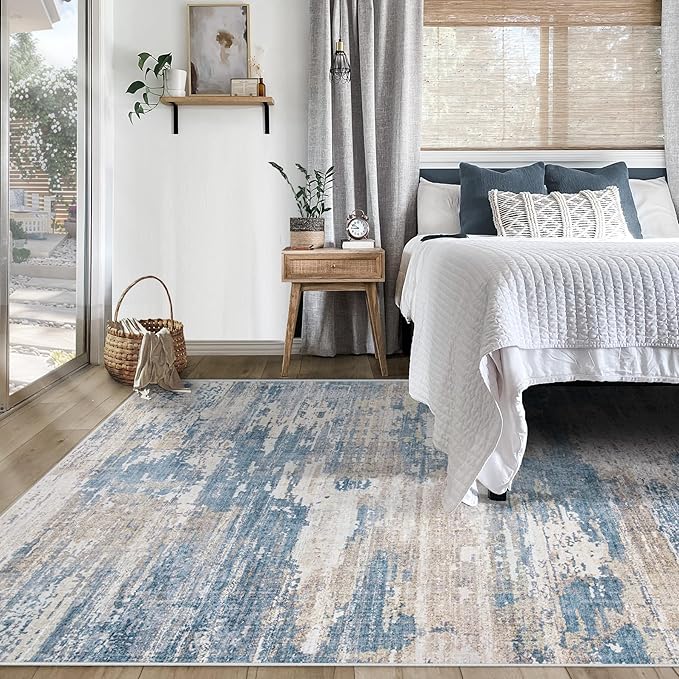 5x7 Area Rugs for Living Room, Washable Modern Abstract Large Area Rug Neutral Soft Non Slip Kids Rug Stain Resistant Indoor Carpet for Bedroom Nursery Dining Room Playroom(BlueBeige, 5'x7')