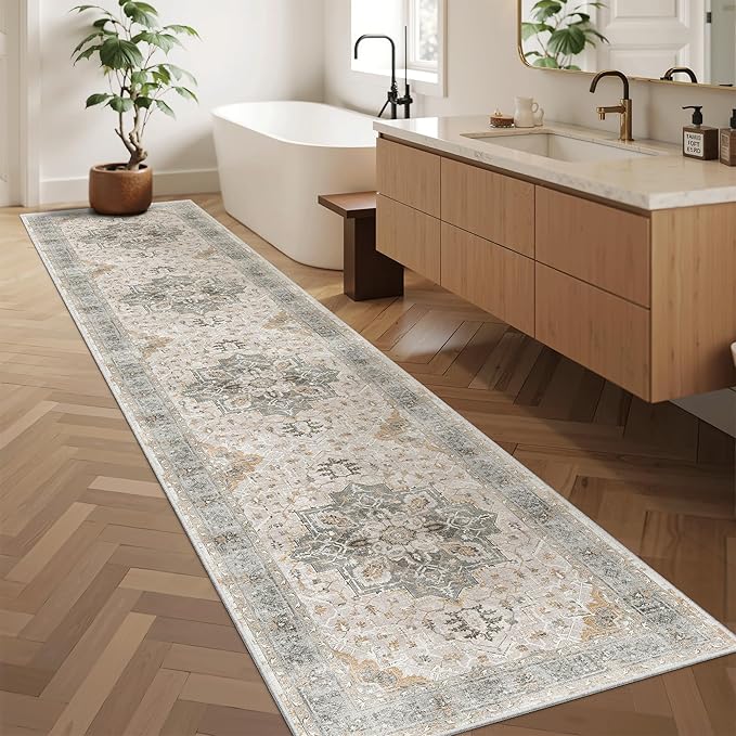 Madane Hallway Runner Rug 2x12, Long Washable Runner Rugs 12ft with Rubber Backing, Non Slip Carpet Runner, Vintage Rug Runners for Kitchen Laundry Room Entryway (Light Taupe Brown, 2'x12')