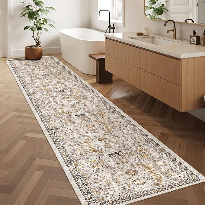 Madane Hallway Runner Rug 2x12, Extra Long Washable Runner Rugs with Rubber Backing, Non Slip Carpet Runner, Vintage Rug Runners for Kitchen Laundry Room Entryway (Brown/Gold, 2'x12')
