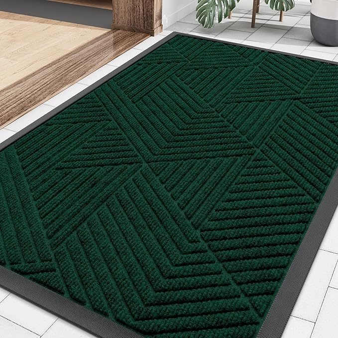 Smiry Front Door Mat Outside Entrance, Heavy Duty Sturdy Natural Rubber Doormat, Trap Dirt and Moisture, Easy Clean Low Profile Mats for Indoor Outdoor Entry, Irregular Triangle (29.5x17, Deep Green)