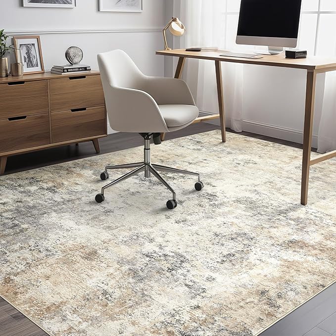 UERMEI 7x9 Area Rug Living Room Rugs - Washable Neutral Modern Abstract Soft Thin Large Rug Indoor Floor No Slip Rug Carpet for Bedroom Under Dining Table Home Office Decor - Golden Grey