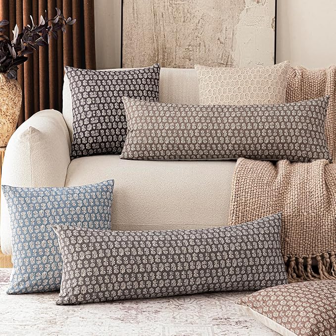 Foindtower Set of 2 Decorative Floral Long Body Lumbar Throw Pillow Covers Vintage Accent Farmhouse Cushion Covers Neutral Home Decor for Sofa Couch Chair Bedroom Living Room,14×36 Inch,Brown