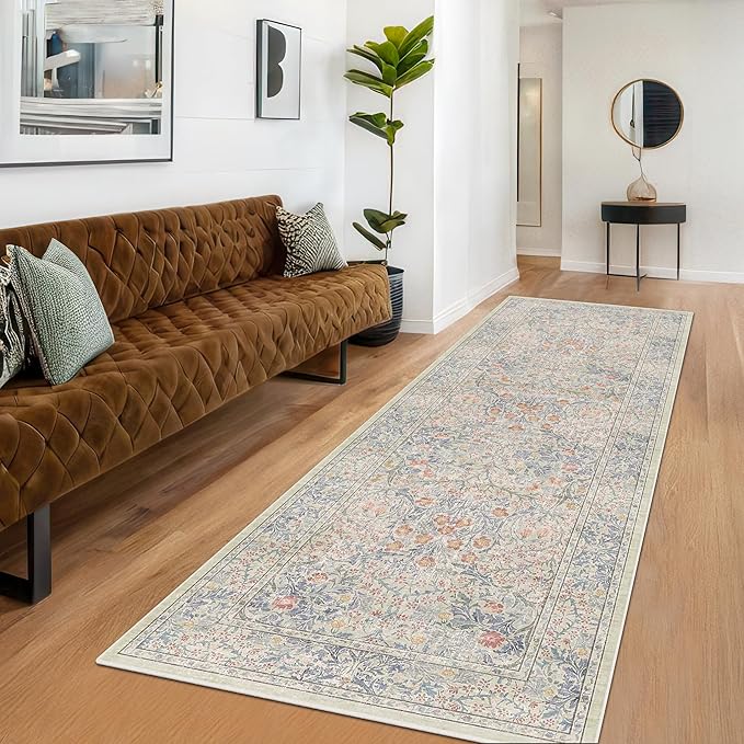 Hazo Haus Boho 3x16 Wide Hallway Runner - Beige Blue and Purple, Washable Low Pile Non Slip Stain Resistant 16ft Runner Rug for Long Kitchen, Hall Way, Floral Forest Decor