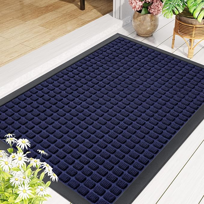 Smiry Front Door Mat Outside Entrance, Heavy Duty Natural Rubber Doormat, Non Slip, Trap Dirt and Moisture, Easy Clean, Low Profile Welcome Floor Mats for Indoor Outdoor Entry, 35x23 Inch, Navy Blue