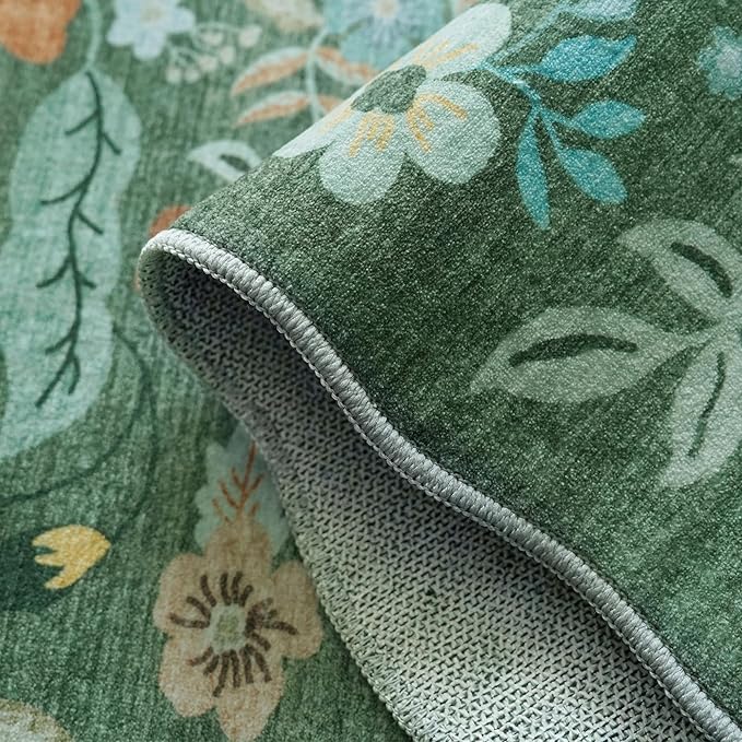 Washable Floral 2x3 Area Rug: Indoor Soft Scalloped Carpet for Entryway Kitchen Nursery Non-Slip Water Resistant Bathroom Laundry Floor Mat Low Pile Durable Door Mat(2x3 Floral/Green)