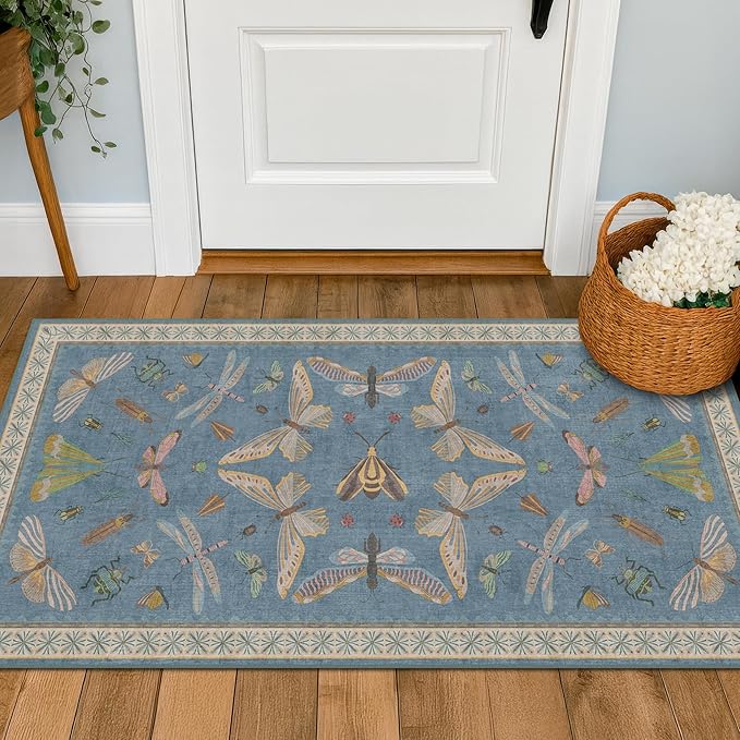 Dusty Blue Bathroom Rug 2x4 - Aqua Blue Rug for Entryway Indoor Entrance, Kitchen Floor, Washable Low Pile Stain & Fade Resistant, Waterproof Insect Floral Decor