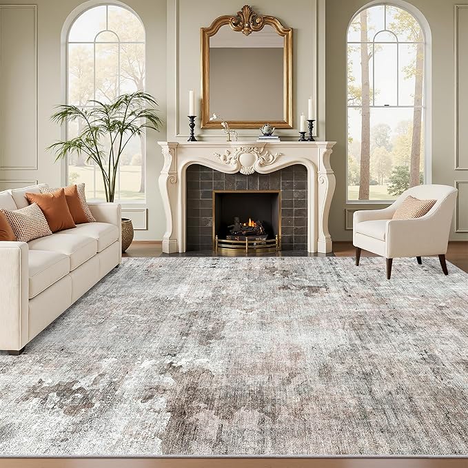 Soalmost 9x12 Area Rugs for Living Room, Non Slip Machine Washable Vintage Rugs, Low Pile Lightweight Large Rug for Bedroom, Dining Room, Home Office Grey Pink