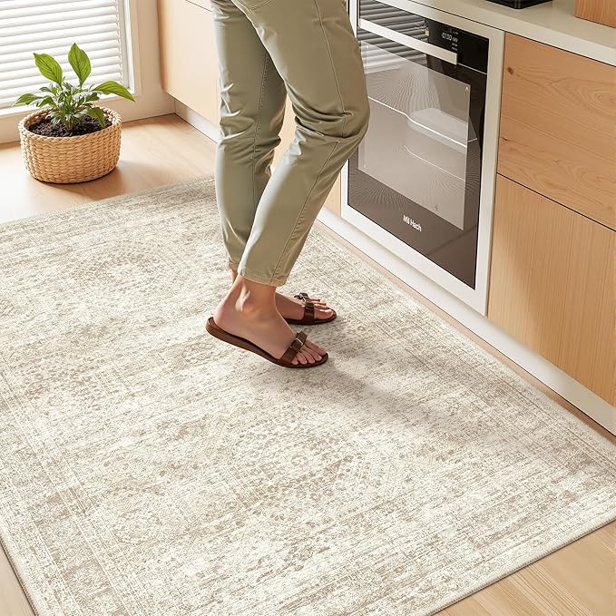 3x4 Washable Area Rug for Entryway, Soft Kitchen Rugs Non Slip for Dining Room, Vintage Abstract Living Room Rug, Thin Area Rugs Indoor for Bedroom, Kids Room Decor(3'x4', Beige/Ivory)