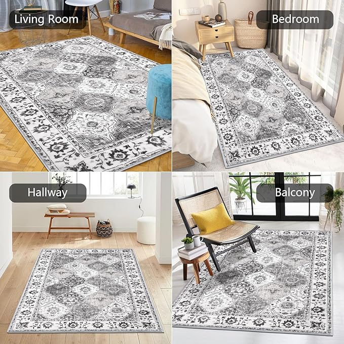 HEBE Washable Area Rug - 3'x5' Non Slip Soft Distressed Medallion Bedroom & Living Room Accent Throw Vintage Entry Floor Carpet for Dining Room & Bathroom Entryway