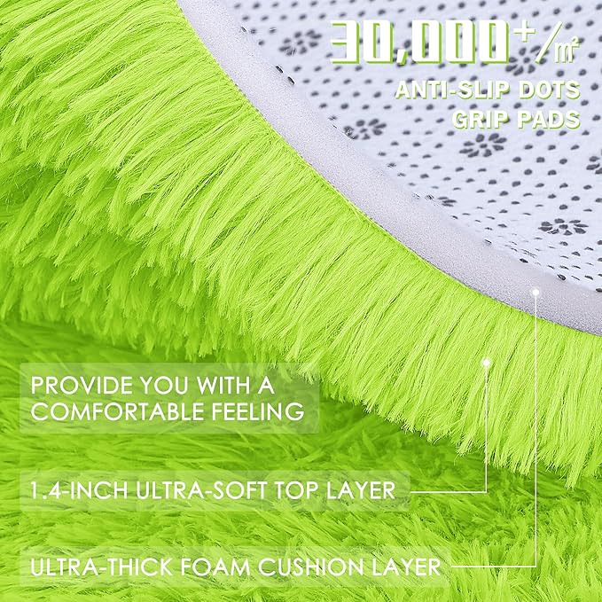 OLANLY Lime Green Round Rugs for Bedroom - Machine Washable, 6 ft Circle Area Rugs for Living Room, Soft and Fluffy Shaggy Carpet for Teen Girl and Boys, Nursery Rooms, Dorms, Home Decor Aesthetic