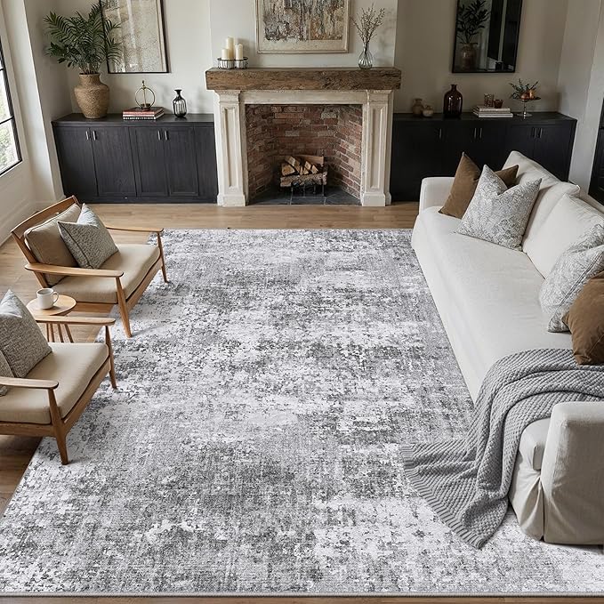 PureCozy 8x10 Grey Area Rug Washable Modern Abstract Living Room Carpet Non Slip Neutral Low Pile Soft Contemporary Gray Bedroom Large Rug Indoor Office Dining Room Playroom
