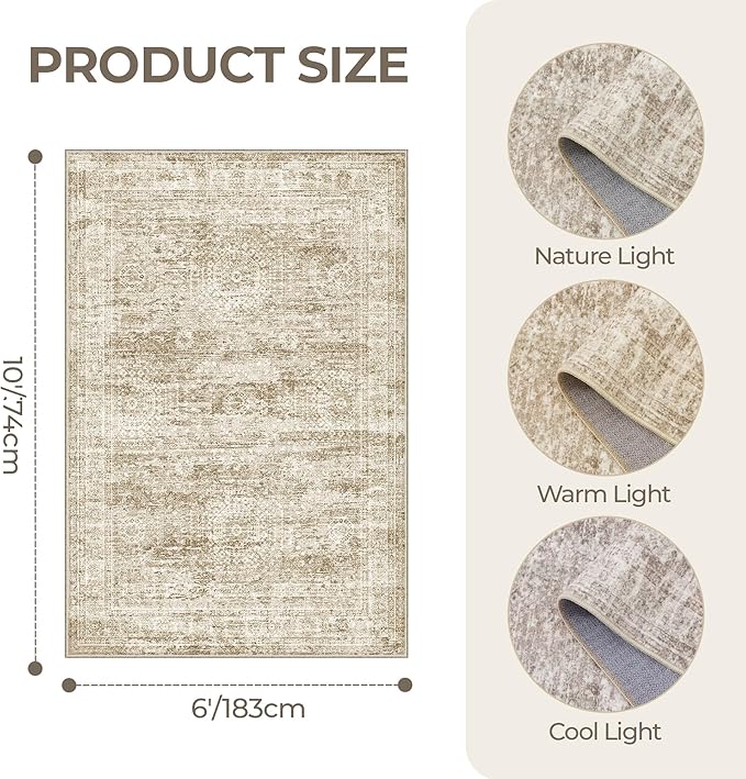 6x9 Rug for Living Room,Soft Low Pile Indoor Washable Rugs for Bedroom, Non-Slip Backing Vintage Large Area Rug, Printed Abstract Carpet(6'x9', Brown/Ivory)