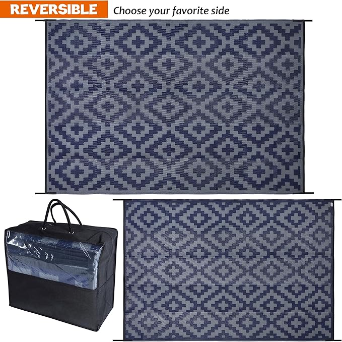 Outdoor Rug, Reversible Polypropylene 6 x 9 ft, Blue Grey Lattice
