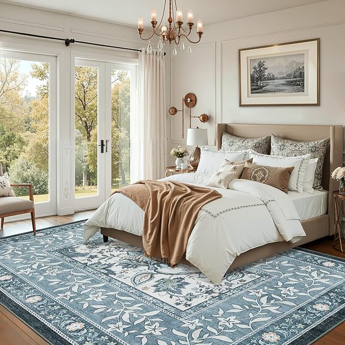 GarveeHome Provence 8x10 Area Rugs for Living Room, Botanical Grove Retro Blue Cottagecore Washable Rug for Bedroom Dining Nursery Low-Pile Vintage Large Carpet