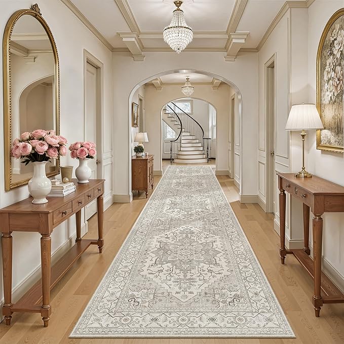 Madane Hallway Runner Rug 3x16 - Vintage Non Slip Washable 16ft Kitchen Runner for Entrance Soft Long Carpet Runners for Living Room Bathroom Low Pile Floor Mat for Bedroom Dining Room, Beige/Brown
