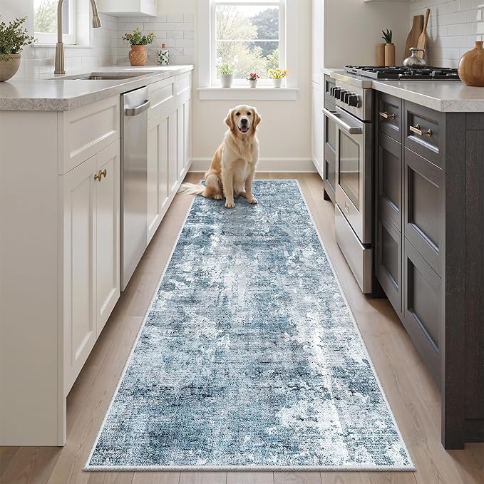 Runner Rug 2x5 Washable Non-Slip Kitchen Runner Rugs for Bathroom Laundry Room Blue/Grey Vintage Floor Carpet Runners for Hallway Entryway