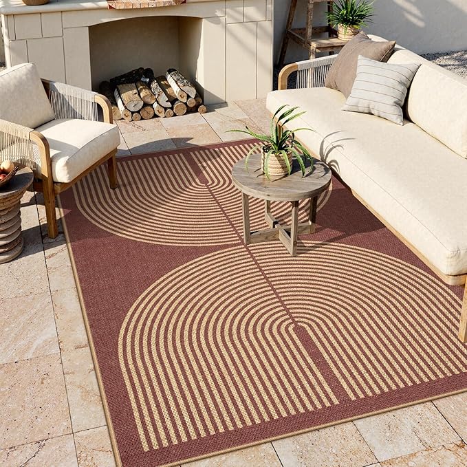 Lahome Enfys Modern Rainbow Easy Jute Outdoor Rug 5x7, Stain Resistant Red Dining Room Patio Rug, Farmhouse Non Slip Non Shedding Indoor Outdoor Carpet for Living Room Office Bedroom Deck Backyard