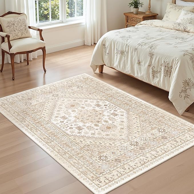 zesthome 3x5 Rug Ultra Soft Washable Rug, Non Slip Area Rug Indoor Entrance, Stain Resistant Rugs for Living Room Bedroom, Vintage Home Decor Area Rugs (Cream/Beige,3'x5')