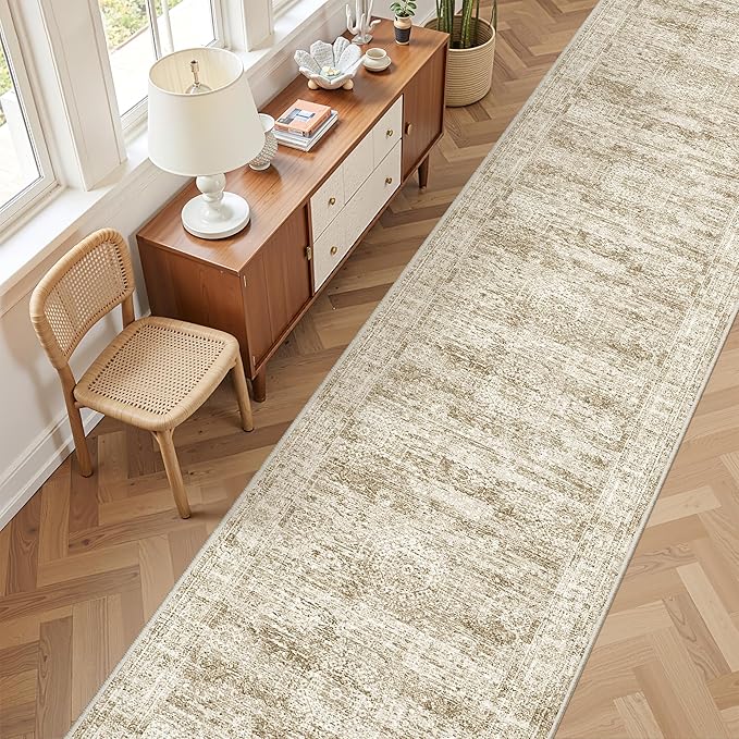 3x16 Washable Runner Rug for Hallway, Non-Slip Long Hallway Runner for Entryway, Soft Vintage Kitchen Mats for Floor, Abstract Dining Room, Bedroom, Living Room Rugs(3'x16', Brown/Ivory)