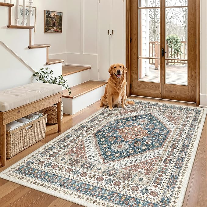 Madane Area Rug 3x5, Entryway Washable Vintage Runners Bedroom Non Slip Indoor Kitchen Runner for Living Room Laundry Room Playroom Soft Non-Slip Area Rugs, Navy Blue