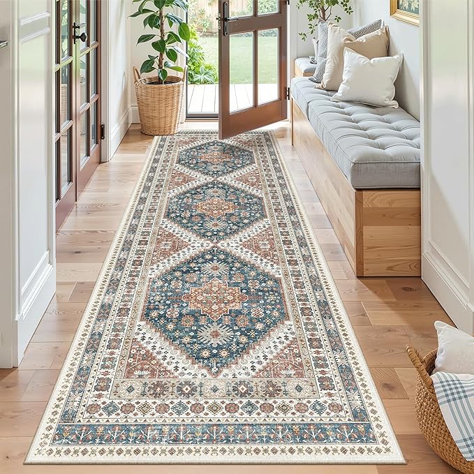 Madane Runner Rug 2'6''x8' Kitchen Runner, Hallway Runner Printed Vintage Washable Rugs Soft Non-Slip Low Pile 2.5x8 ft Runners for Hallways Laundry Room Rug Distressed Rug, Navy Blue