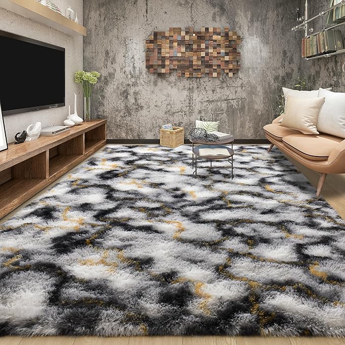 Tepook Fluffy Large Rugs for Living Room, Area Rug 6x9 Soft Carpet for Bedroom, Modern Shaggy Rug for Kids Boys Girls, Plush Indoor Nursery Home Decor Rug with Non-Slip Bottom, White Black Gold