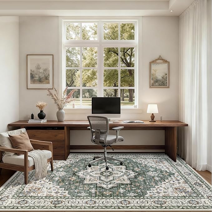 3x5 Area Rugs Living Room Rug: Washable Vintage Boho Medallion Rug No Slip Stain Resistant Soft Carpet Indoor Large Carpets for Bedroom Dining Room Farmhouse Nursery Hallway Home Office Green Ivory