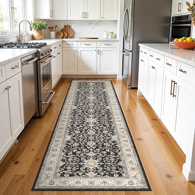 TOPRUUG Washable 2x8 Runner Rug: Vintage Non-Slip Stain Resistant Rug Low Pile Ultra Thin Carpets for Kitchen Hallway Living Room Durable Soft Bedroom Entryway Mat for High Traffic Area (Black, 2x8)